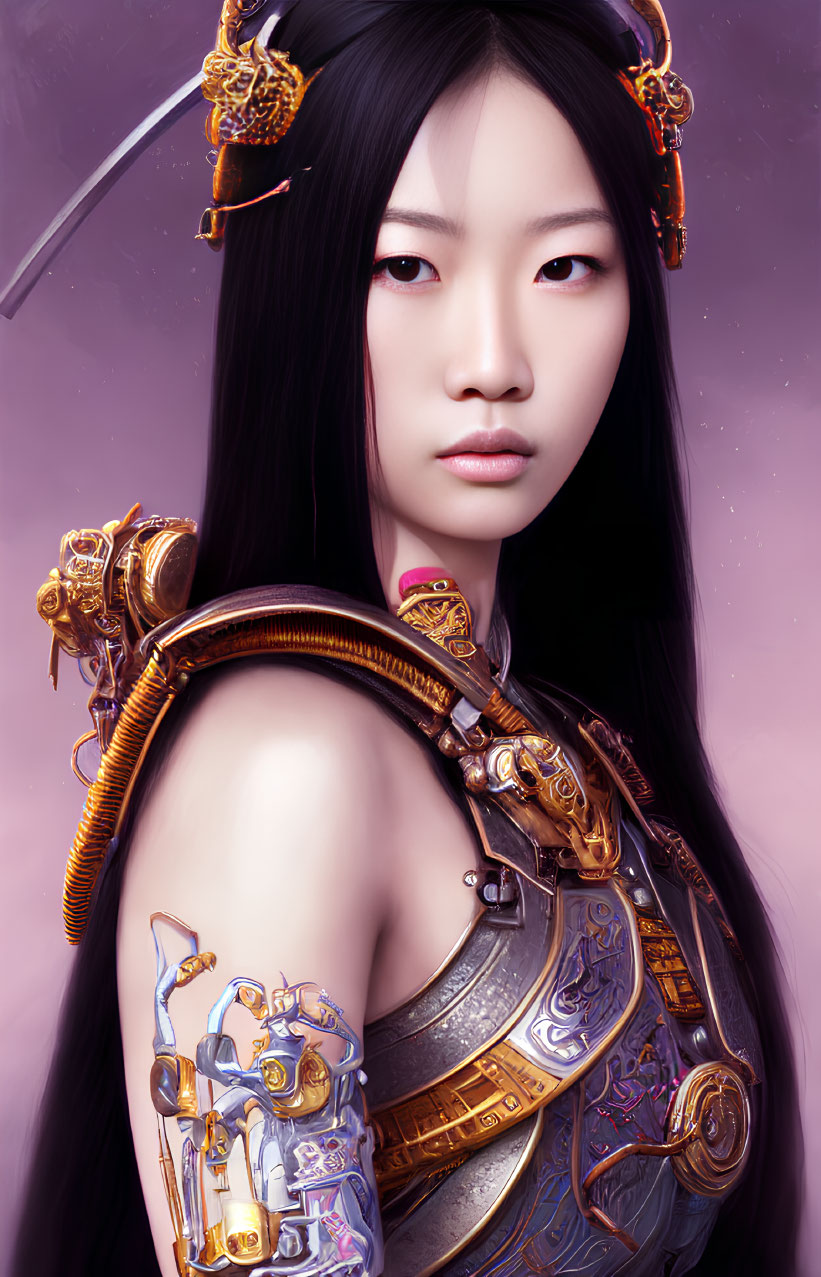 Digital artwork: Woman in black hair, golden armor, intricate designs, shoulder pauldron, sword