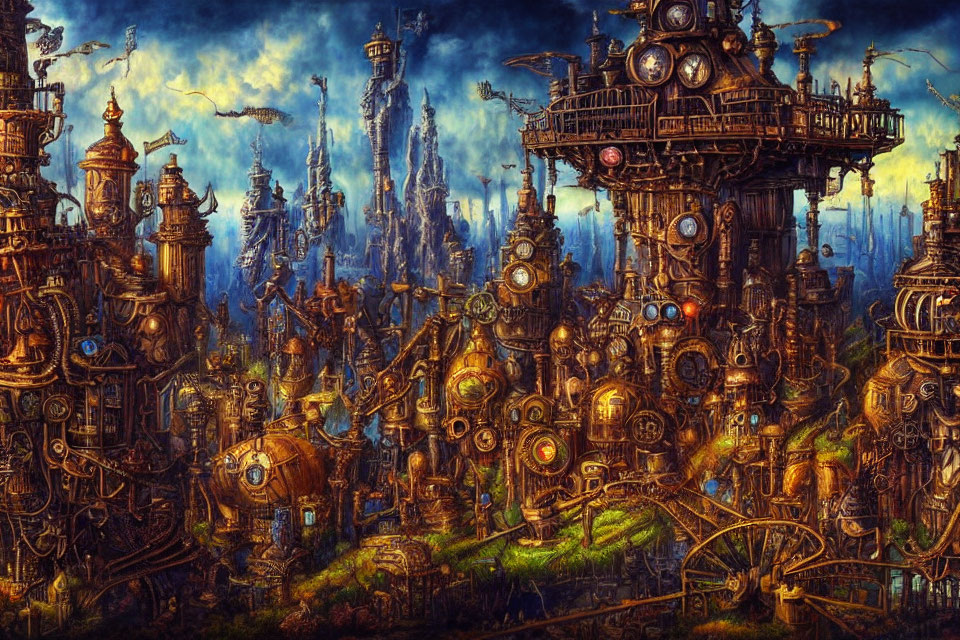 Steampunk cityscape with intricate towers and gears under cloudy sky