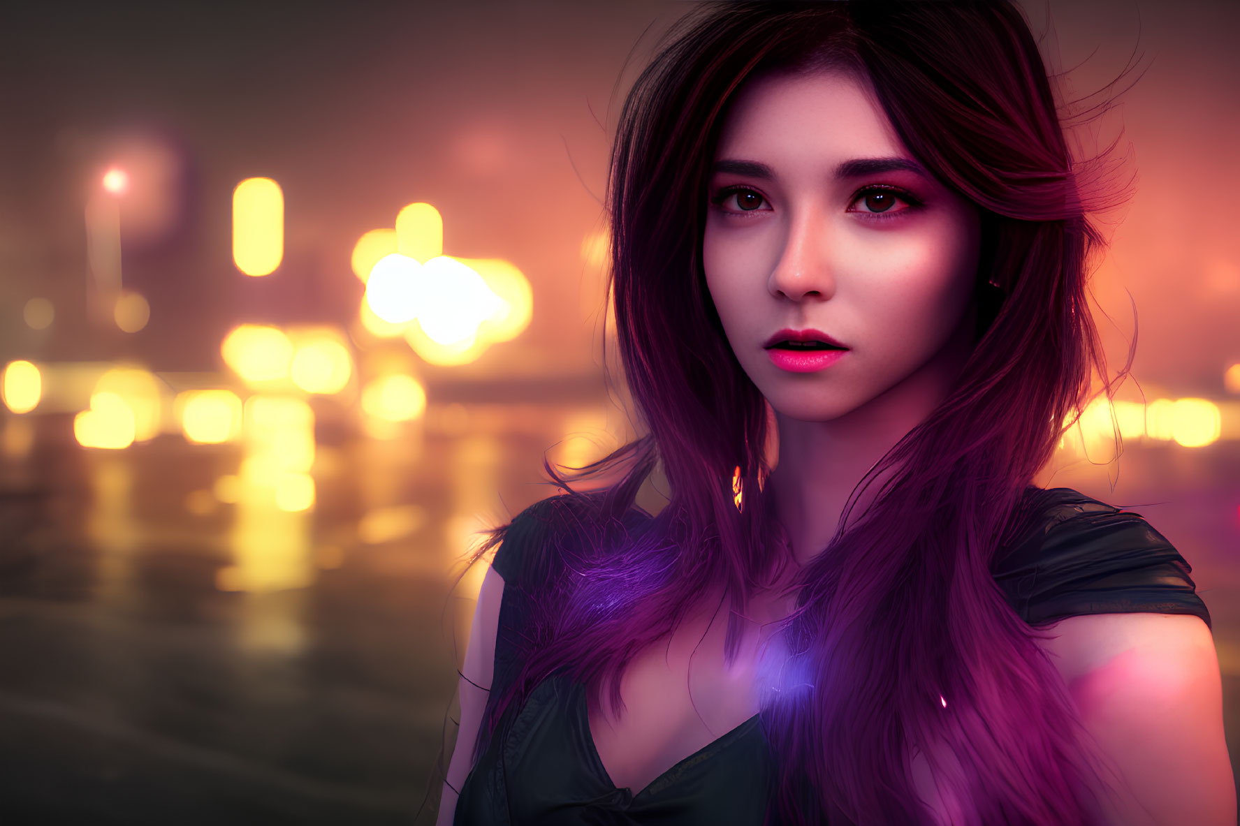 Digital artwork: Woman with long hair in neon-lit urban night.