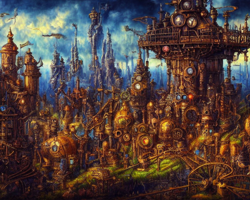 Steampunk cityscape with intricate towers and gears under cloudy sky