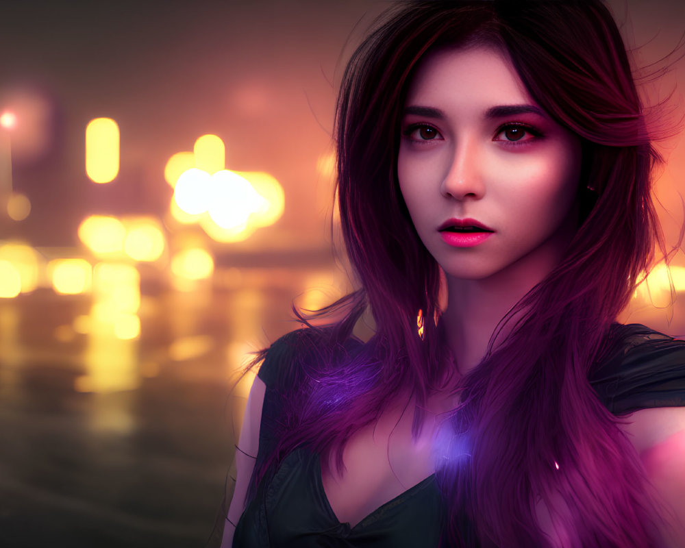 Digital artwork: Woman with long hair in neon-lit urban night.