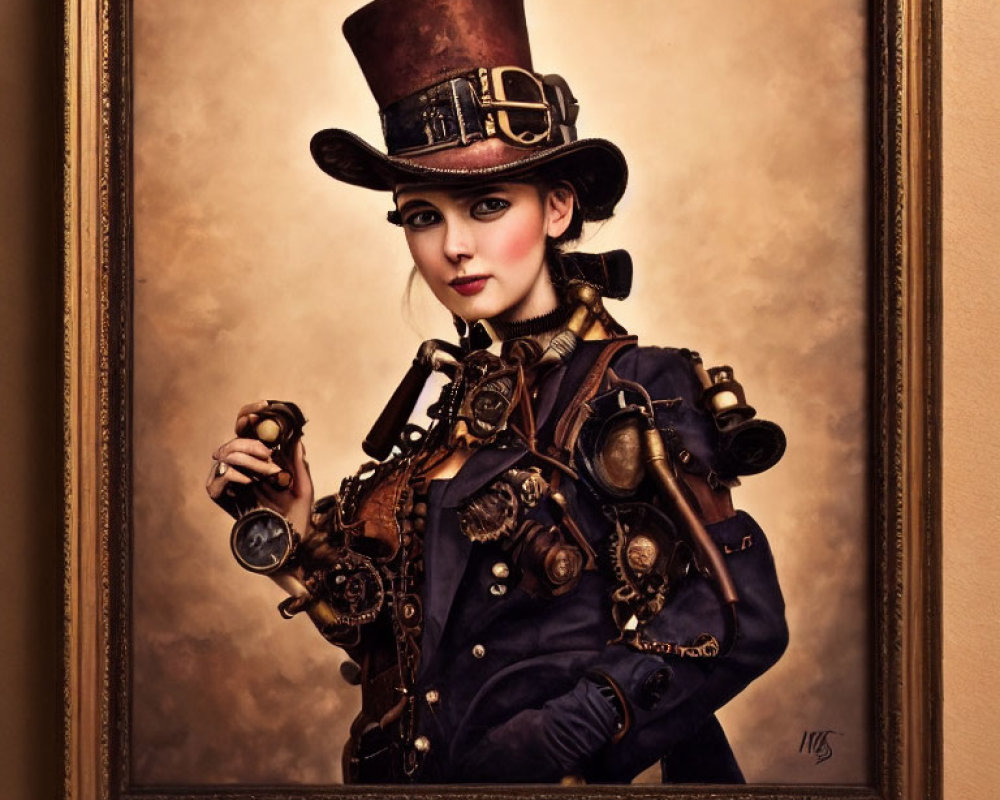 Steampunk-themed portrait of a woman in top hat and goggles