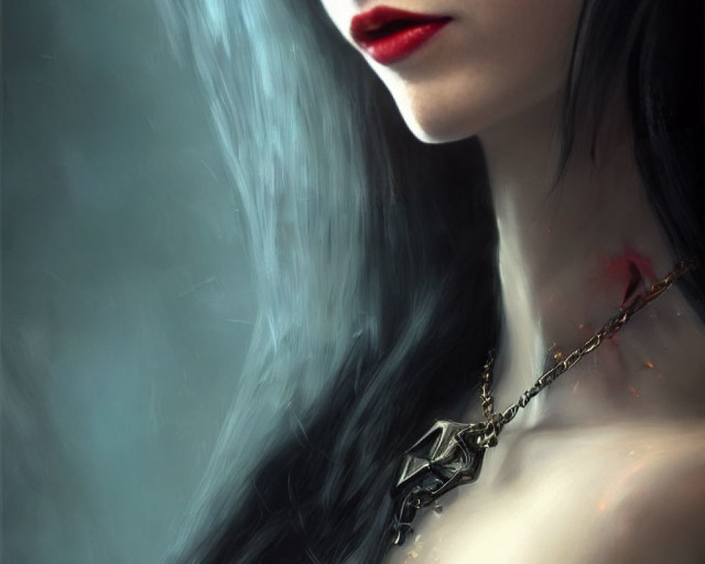 Digital art portrait of woman with glowing red eyes, pale skin, dark hair, and mysterious pendant.