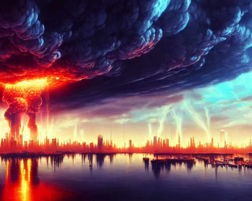 Apocalyptic cityscape with fiery explosions and tornadoes