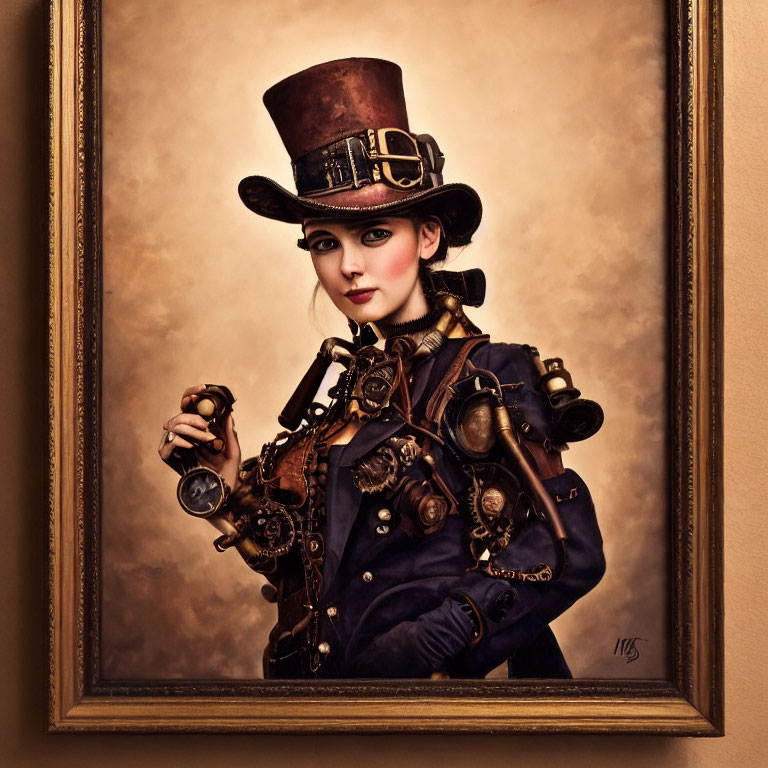 Steampunk-themed portrait of a woman in top hat and goggles