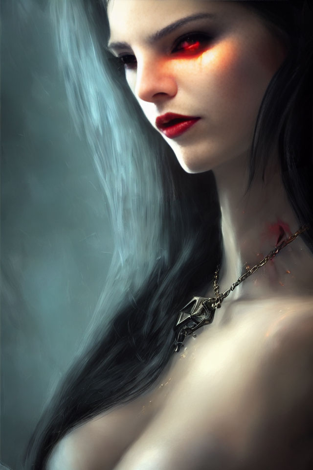 Digital art portrait of woman with glowing red eyes, pale skin, dark hair, and mysterious pendant.