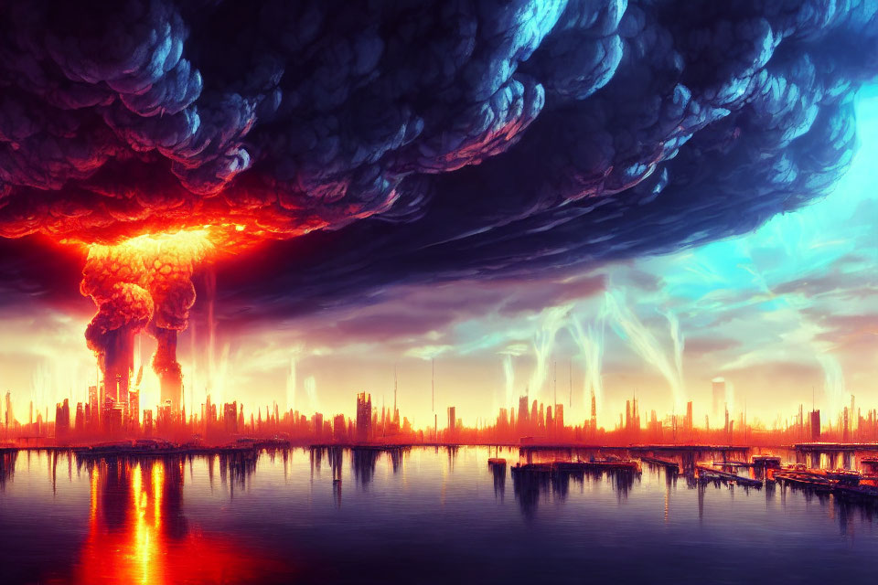 Apocalyptic cityscape with fiery explosions and tornadoes