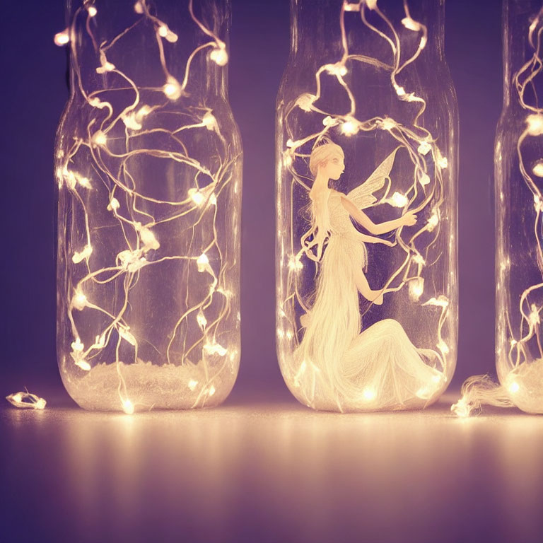 Fairy figurine in glass jar with glowing string lights