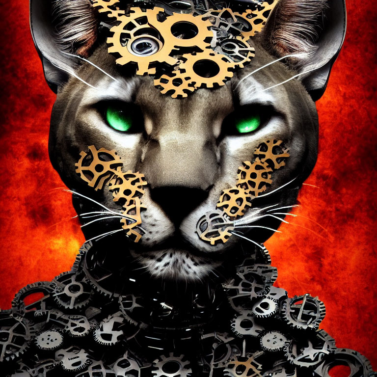 Digital artwork: Black panther face merges with metallic gears, green eyes on fiery red backdrop