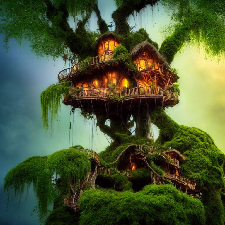 Whimsical treehouse with glowing lights in lush setting