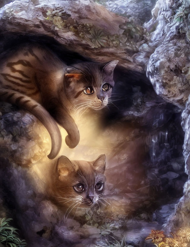 Illustration of two cats in rocky crevice