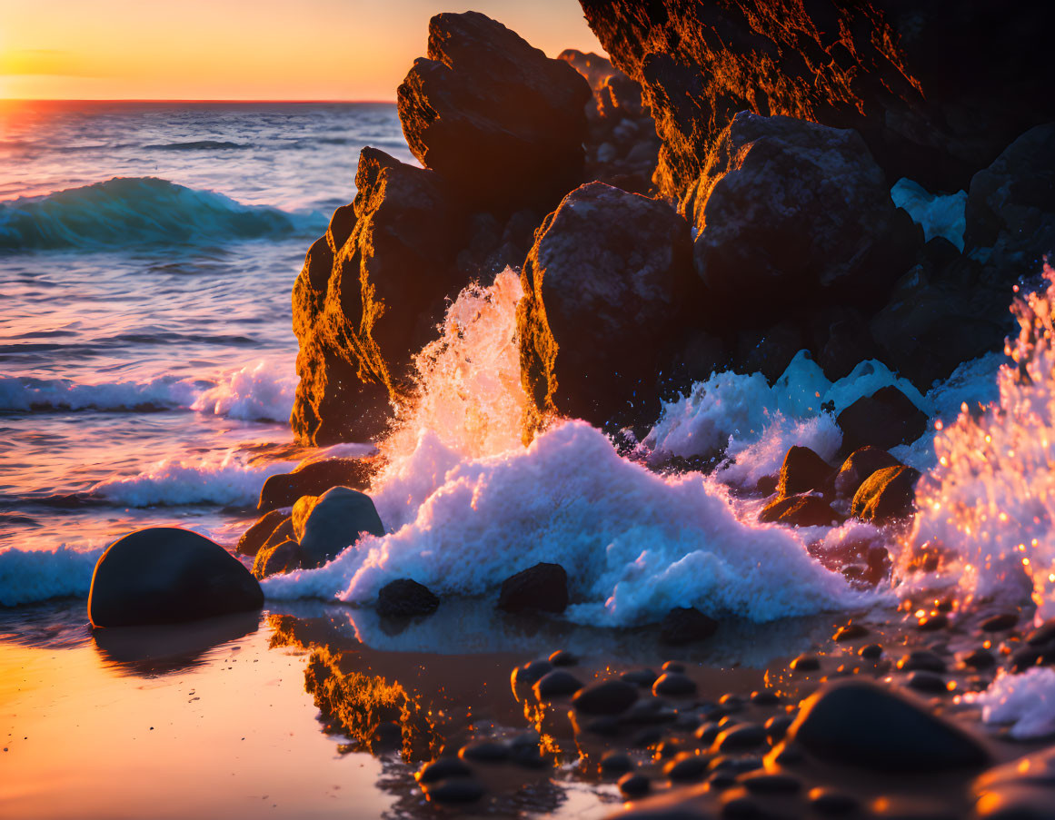 Sunset waves crashing against rocks with vibrant orange and blue hues.