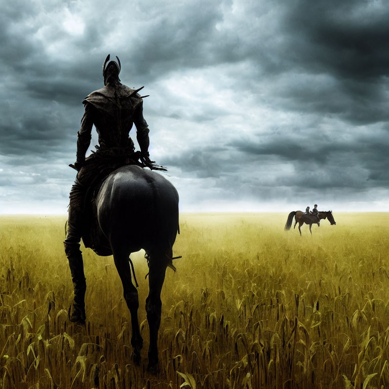 Warrior on Horseback Gazing at Distant Rider in Golden Field