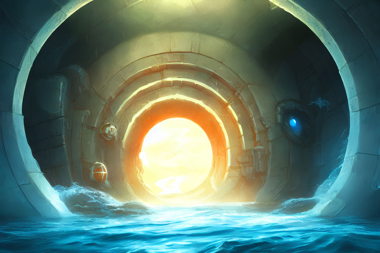 Surreal underwater scene with luminous orange portal in circular tunnel surrounded by machinery and blue light