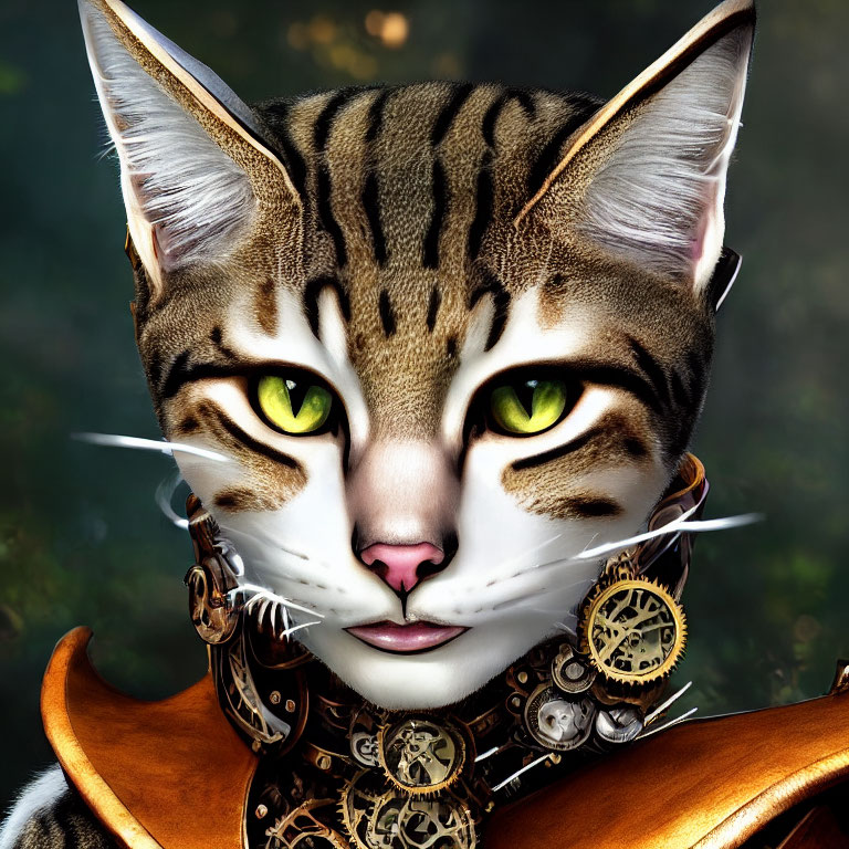 Digital Art: Cat with Green Eyes in Steampunk Style