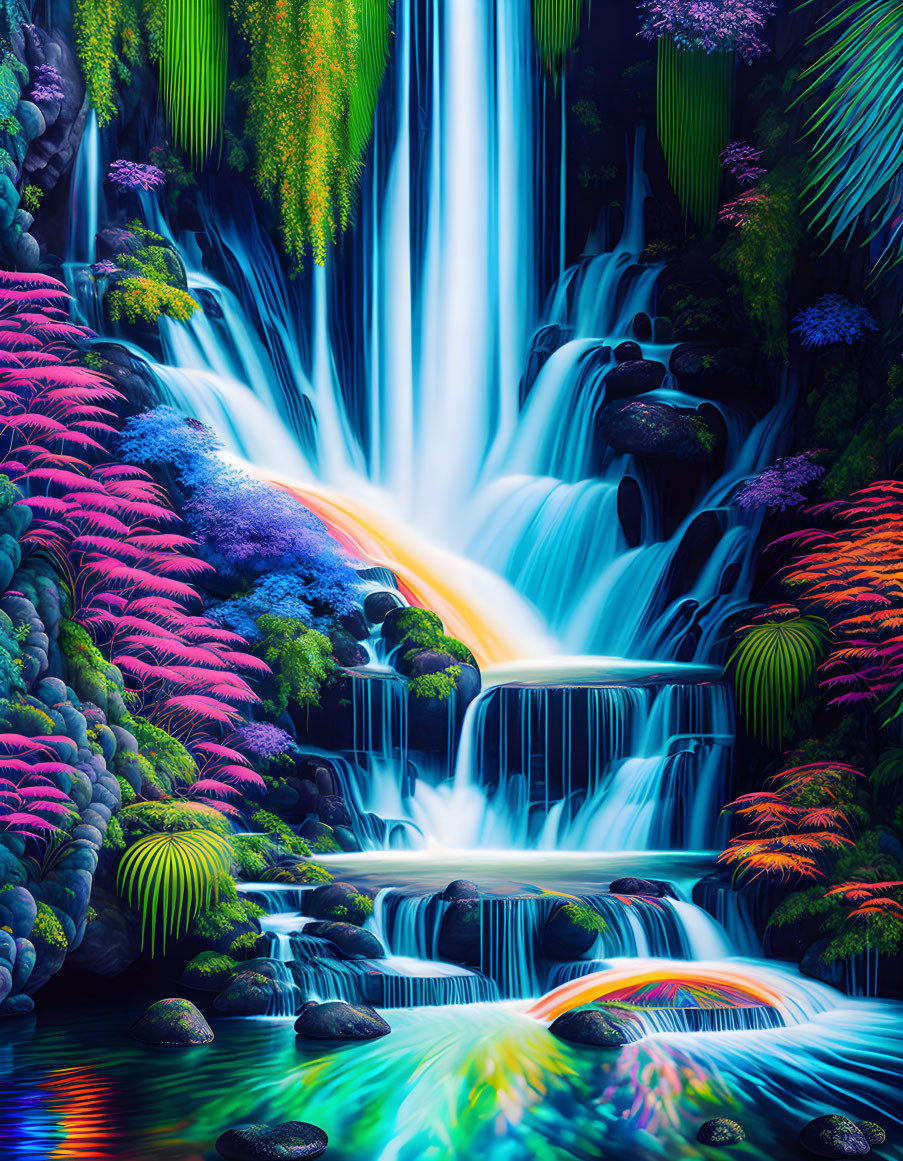 Digitally-enhanced waterfall in vibrant landscape