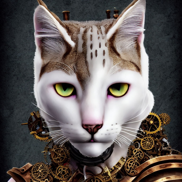 Steampunk Style Cat Artwork with Mechanical Body and Green Eyes