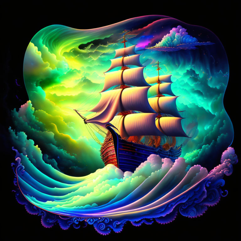 Colorful digital artwork: Ship sailing on vibrant sea with blend of waves and sky swirls