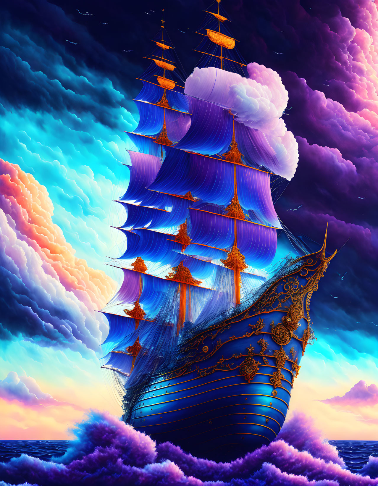 Colorful tall ship illustration on purple sea under dramatic sunset sky