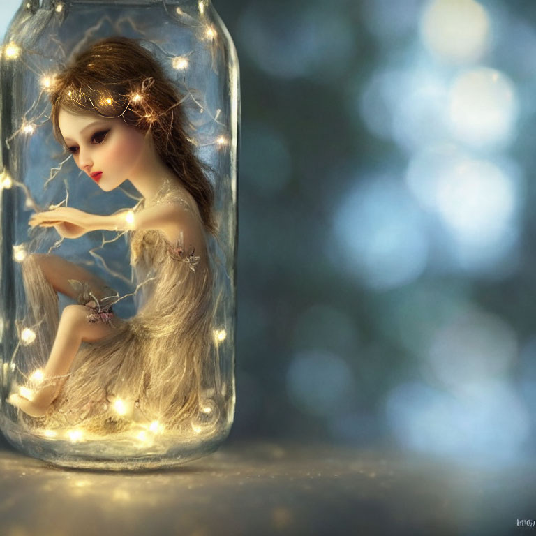 Whimsical fairy doll in glass jar with twinkling lights against blue background