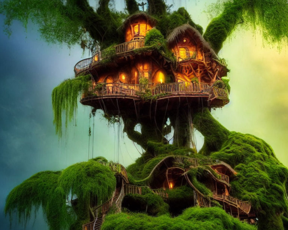 Whimsical treehouse with glowing lights in lush setting