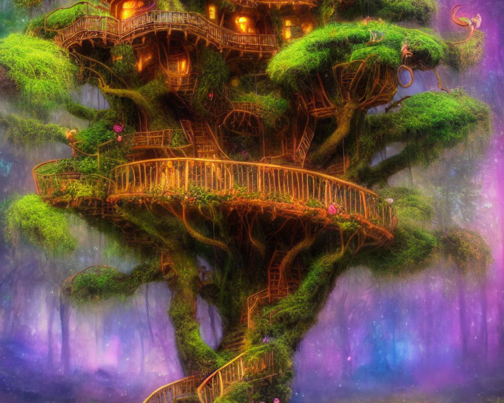 Whimsical multi-level treehouse in lush tree with wooden pathways