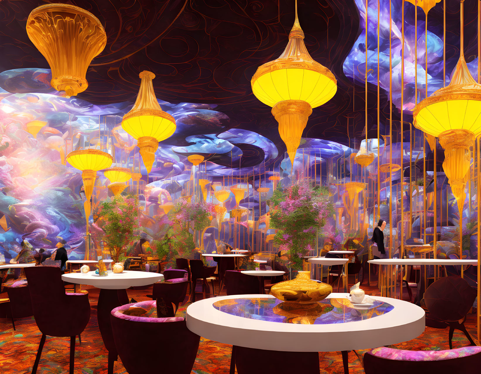 Colorful abstract wall art and jellyfish-like chandeliers in a vibrant restaurant interior