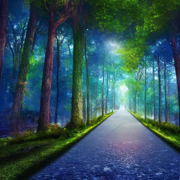 Mystical forest with paved road and ethereal glow