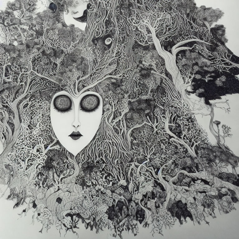 Detailed black-and-white drawing merges woman's face with intricate tree and foliage patterns.