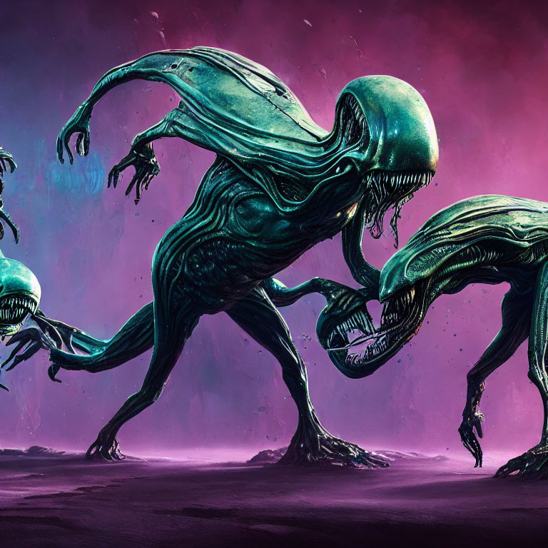 Elongated Skull Alien Creatures in Purple Background