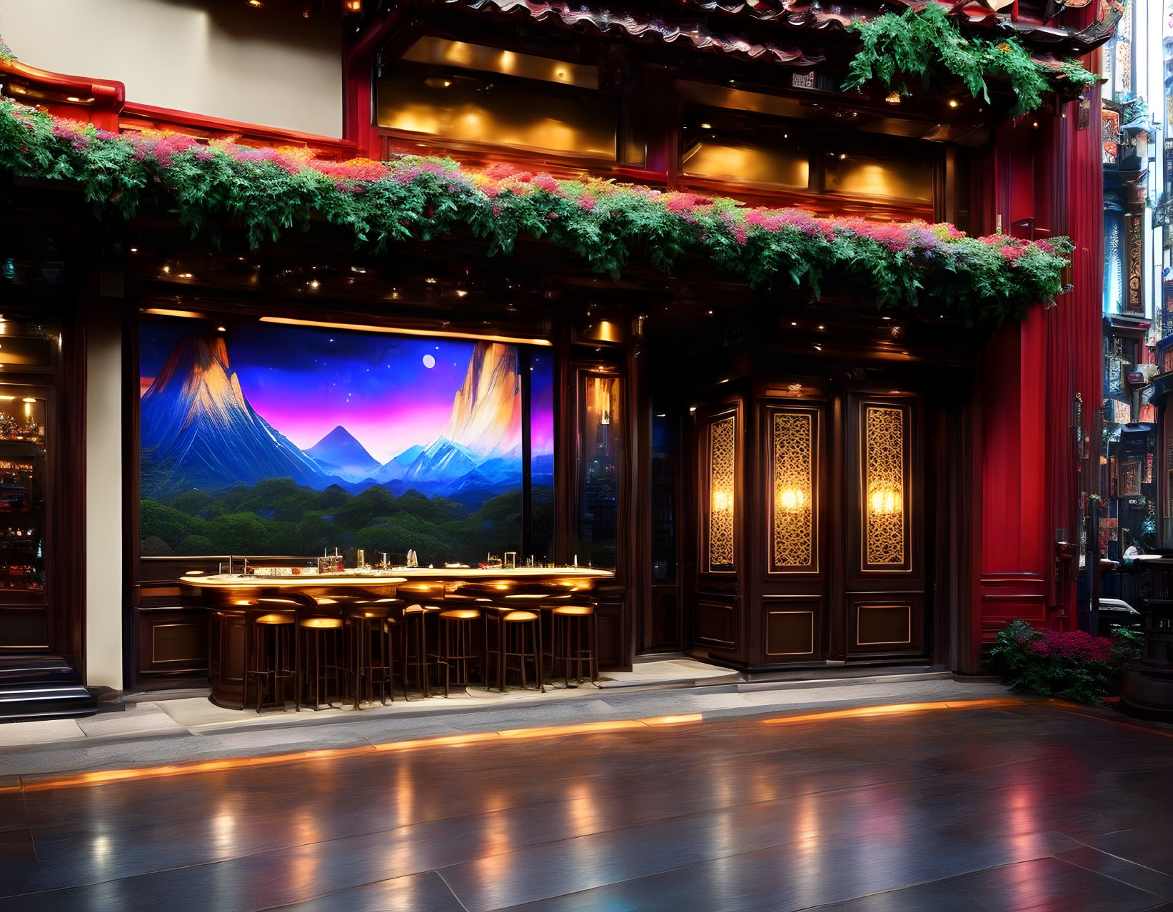 Traditional wooden doors and scenic mountain mural in elegant bar.