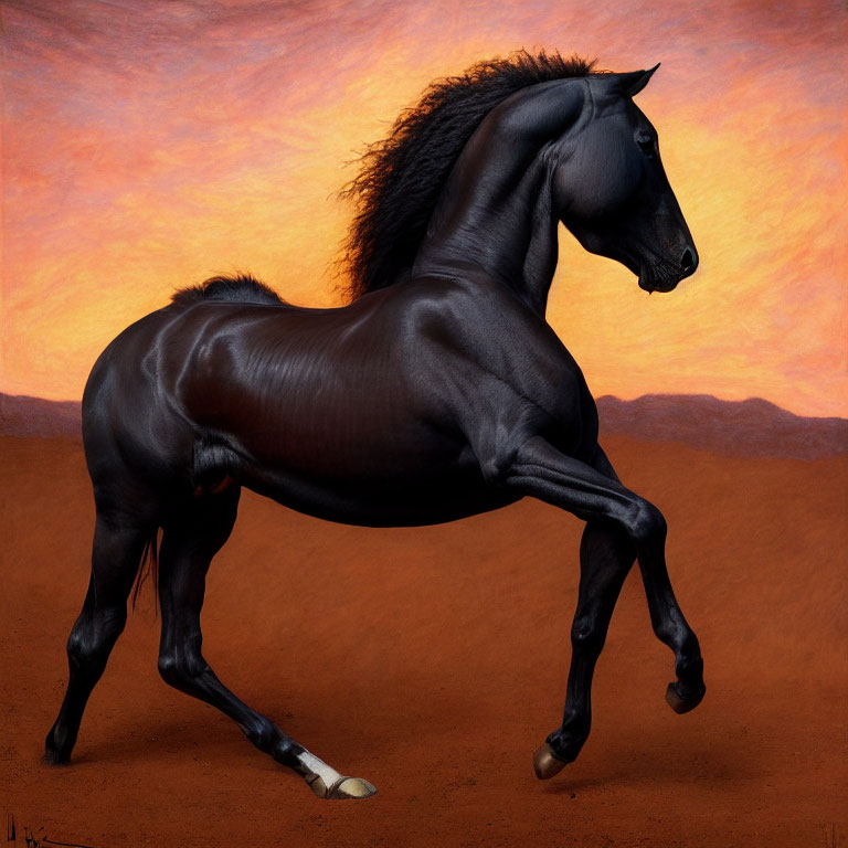 Black Horse Prancing in Front of Orange and Brown Sky