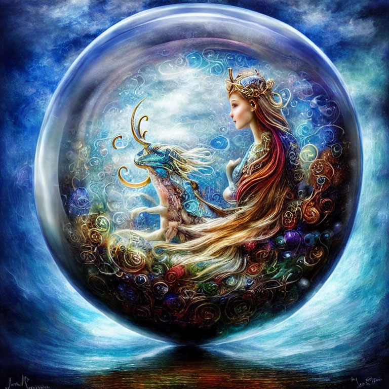 Fantastical bubble scene with regal woman and mythical dragon