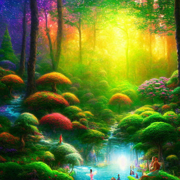Colorful Glowing Fantasy Forest with River and Ethereal Light