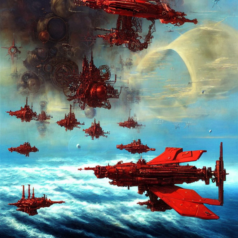 Red and Brown Spaceships Hovering Above Cloud-Covered Planet