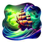Colorful digital artwork: Ship sailing on vibrant sea with blend of waves and sky swirls