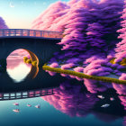Tranquil stone bridge with cherry blossoms over calm water