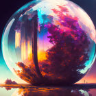 Colorful surreal forest scene in giant reflective bubble and mirrored water surface