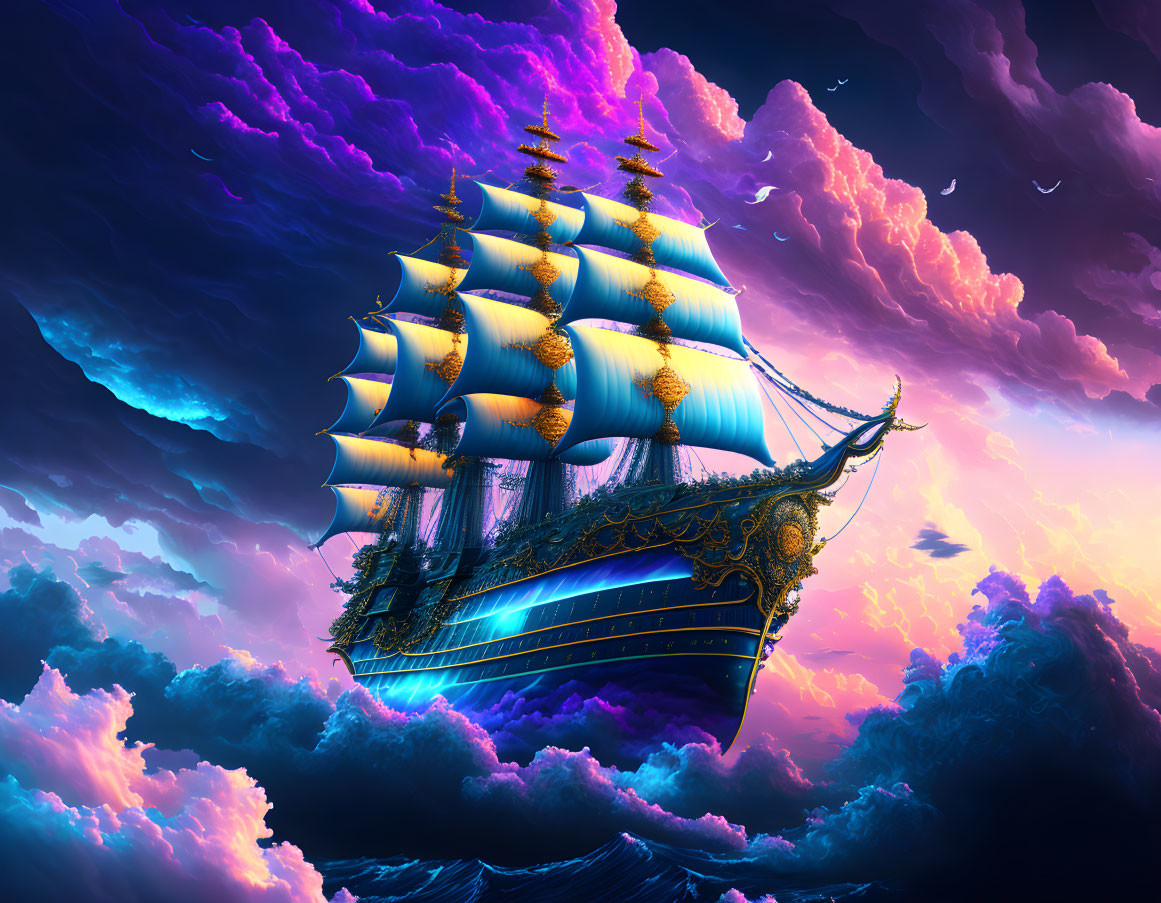 Tall ship sailing on turbulent waves under purple sky