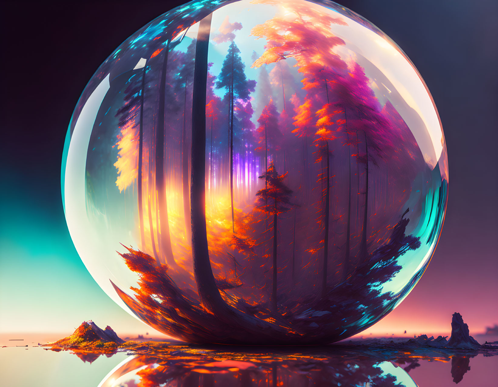 Colorful surreal forest scene in giant reflective bubble and mirrored water surface