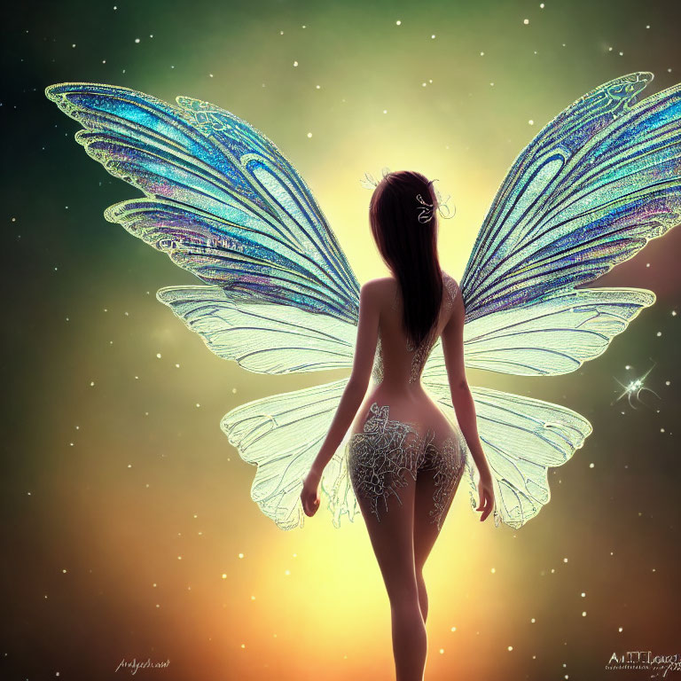 Woman with Iridescent Butterfly Wings in Mystical Setting