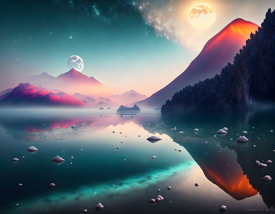 Surreal landscape with volcano eruption, twin moons, and starry night to dawn