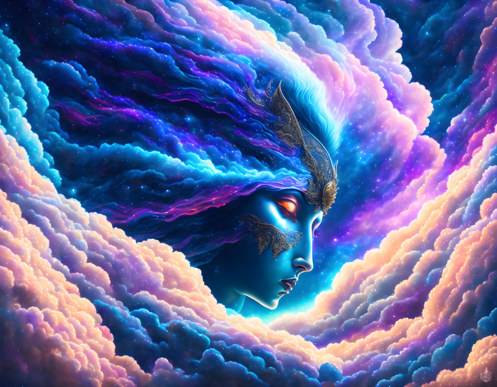 Vibrant nebula clouds merge with woman's face in golden headdress