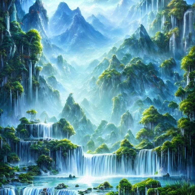 Fantasy landscape with lush greenery, waterfalls, and misty mountains