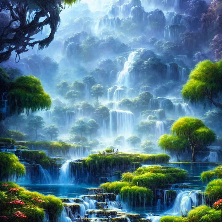 Landscape with Cascading Waterfalls and Mystical Mist