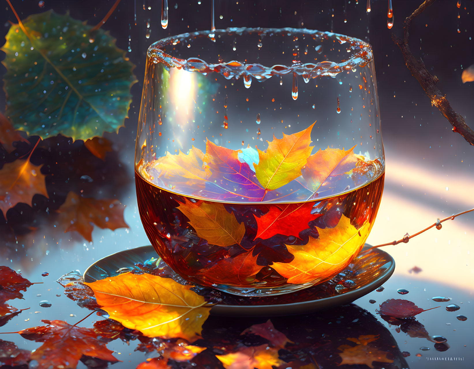 Colorful autumn leaves in liquid with water droplets on reflective surface