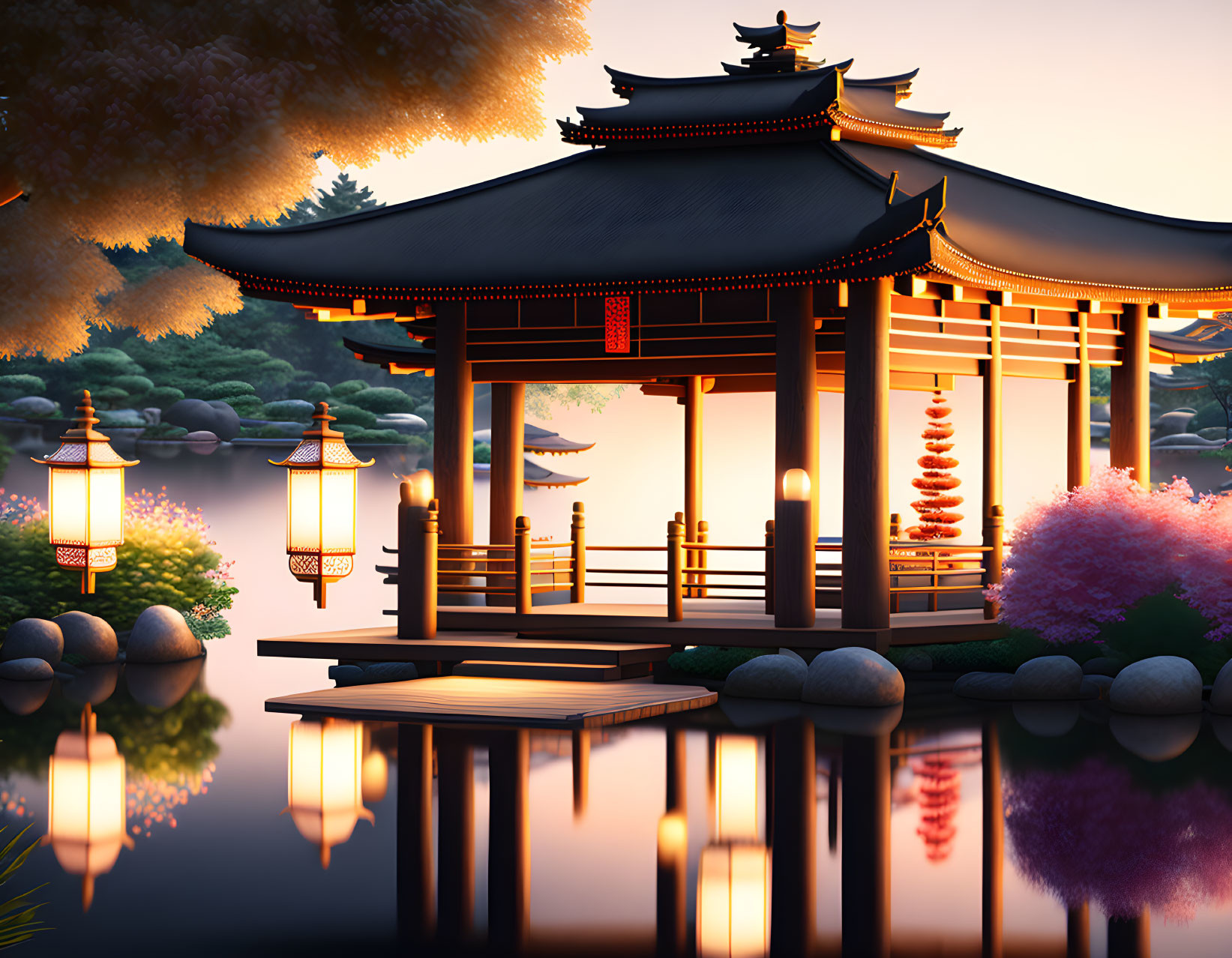 Traditional Asian Temple by Calm Lake with Lanterns, Cherry Blossoms, and Reflection