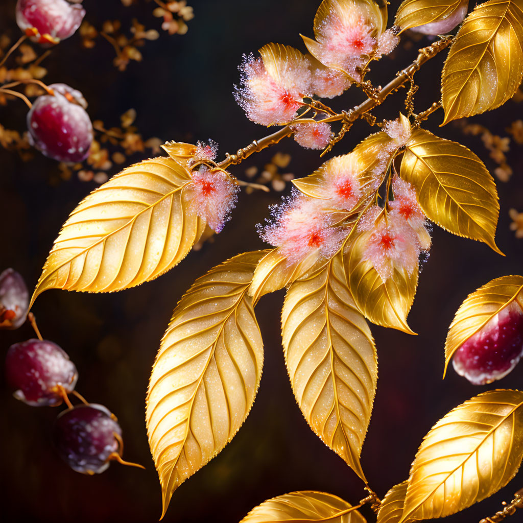 Autumn branch with golden leaves, dew, and pink blossoms on dark backdrop