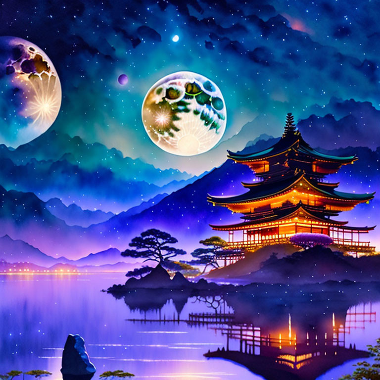 Digital artwork: Asian pagoda, reflective lake, fantasy moons, starry sky