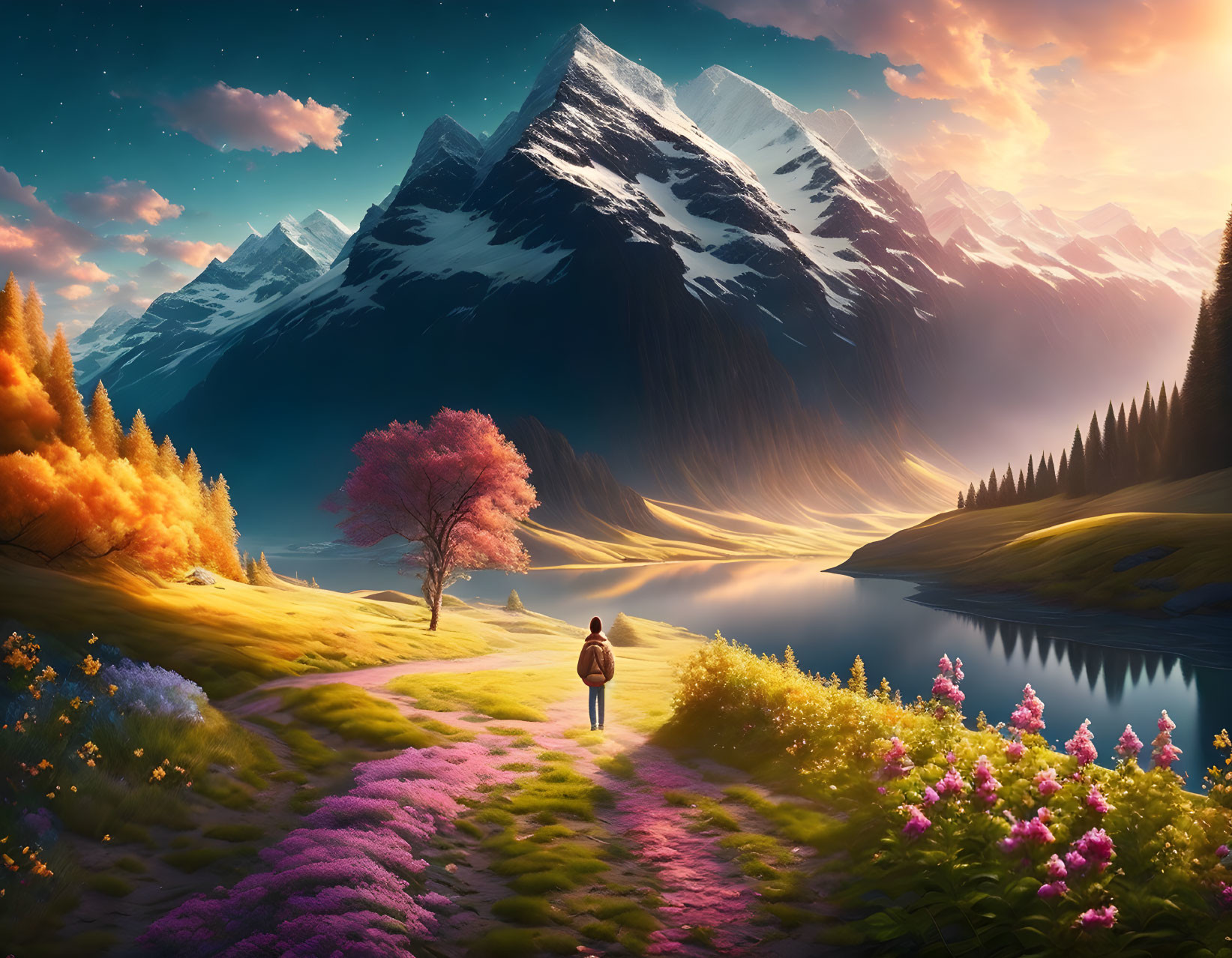 Person standing on flower-lined path in serene landscape with colorful trees, calm lake, mountains, starry